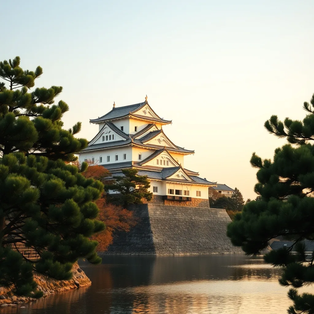 Himeji Castle's white main keep and tiered grey roofs rising above pine trees and a still moat in golden early-morning light