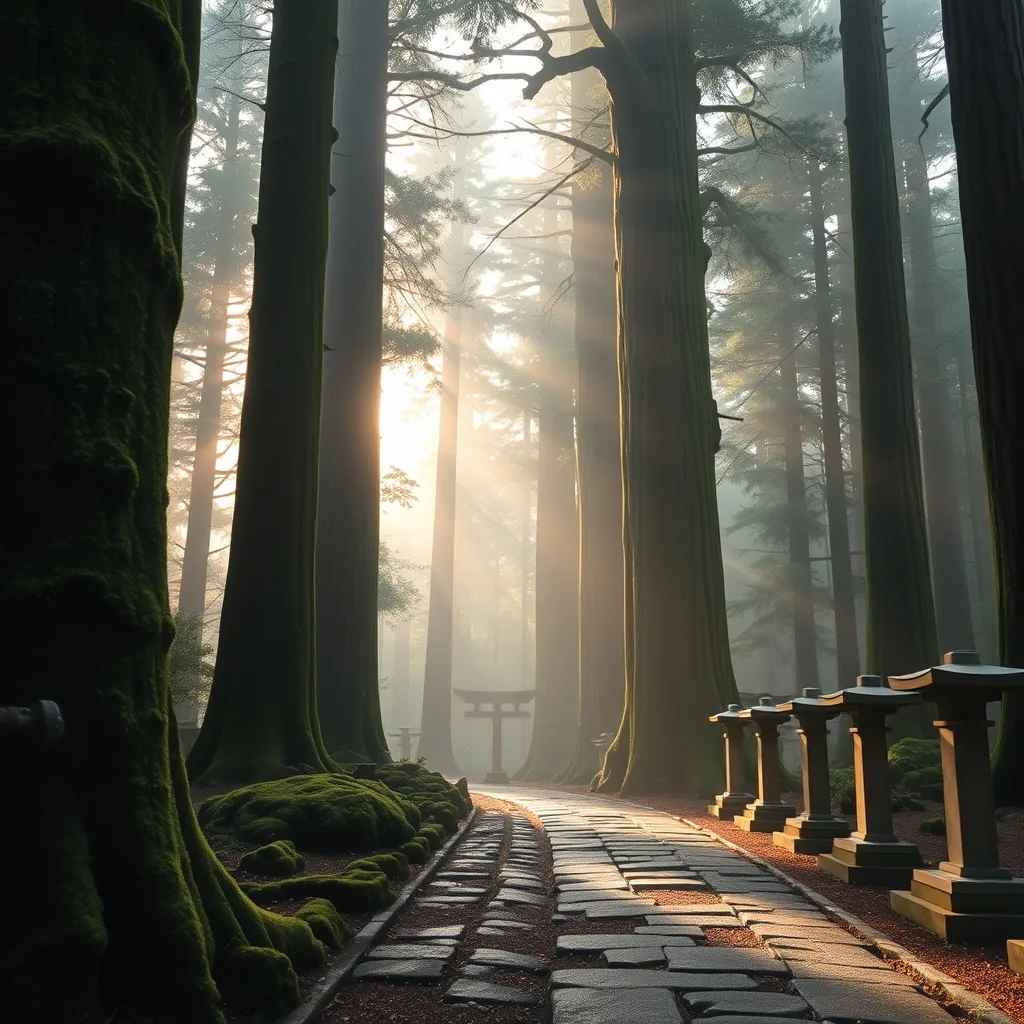 Ancient moss-covered cedar trees and stone lanterns lining a misty flagstone path toward a wooden torii gate at dawn in Okunoin cemetery, Koyasan, Japan