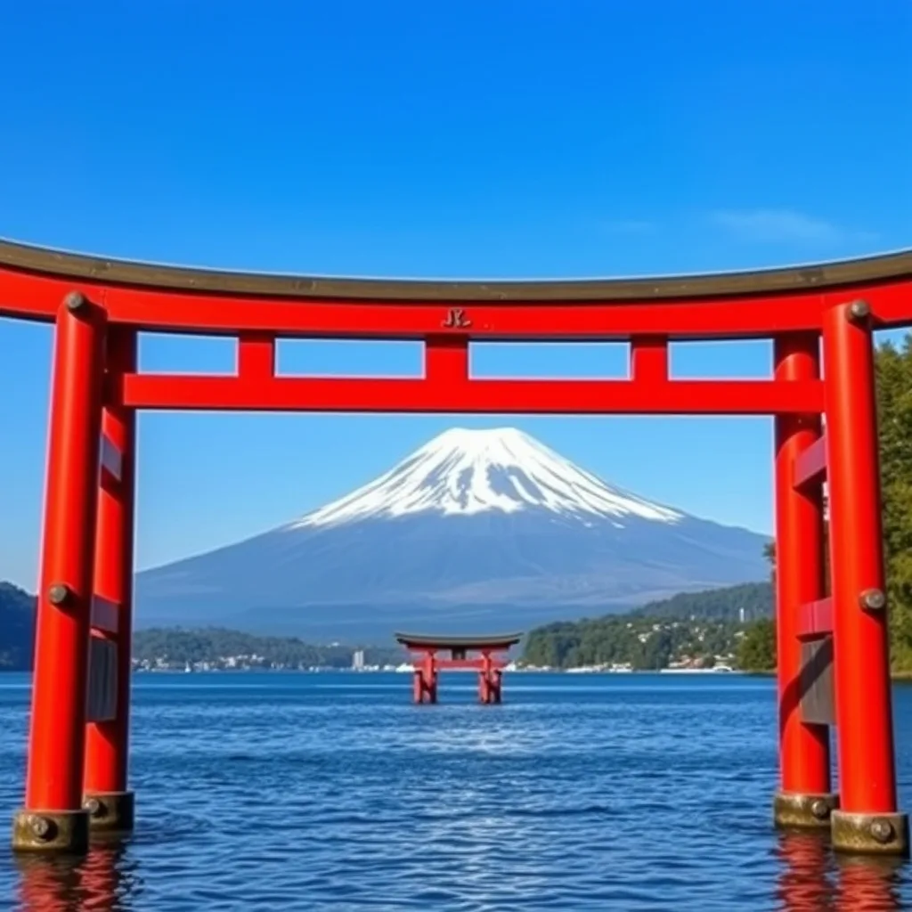 Red torii gate of Hakone Shrine standing in Lake Ashi with snow-capped Mount Fuji in the background