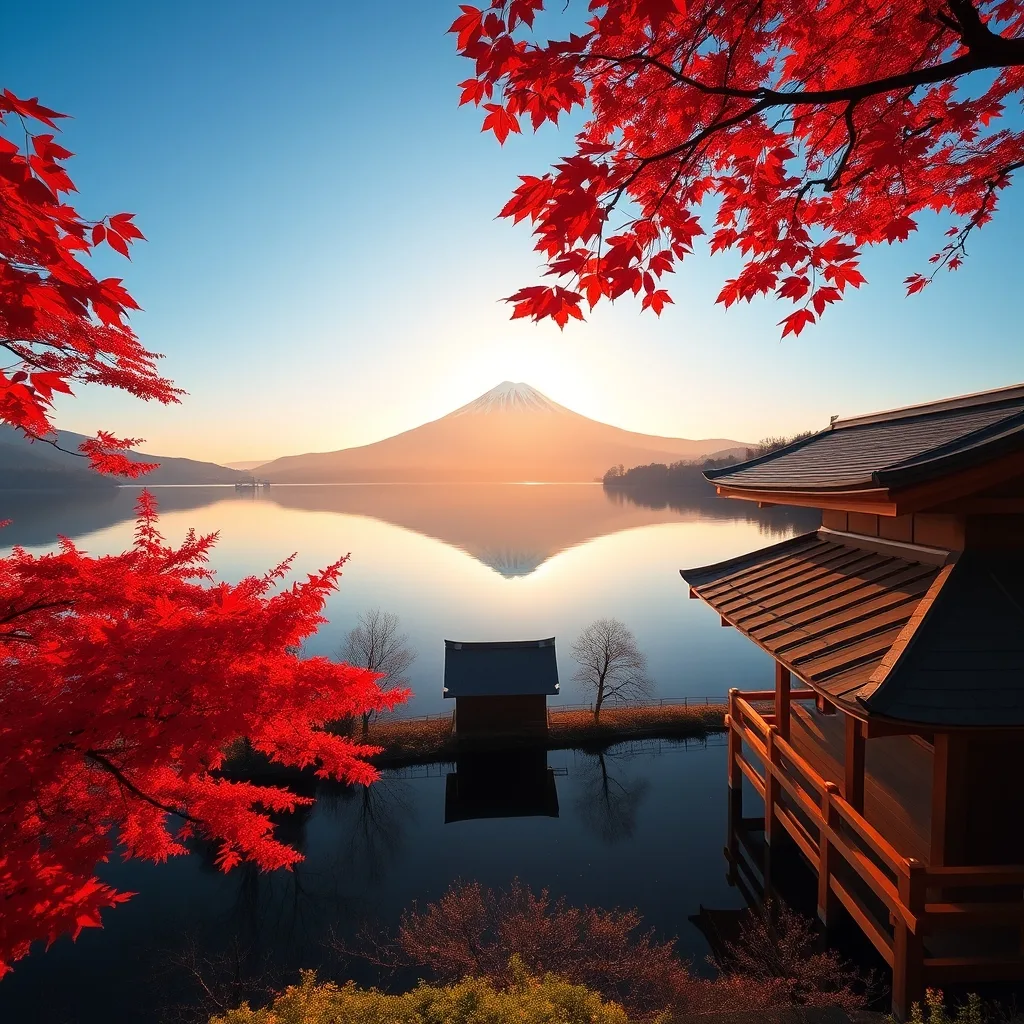 Snow-capped Mount Fuji reflecting in calm Lake Kawaguchiko at sunrise framed by red autumn maple leaves and traditional wooden lakeside pavilions in Japan
