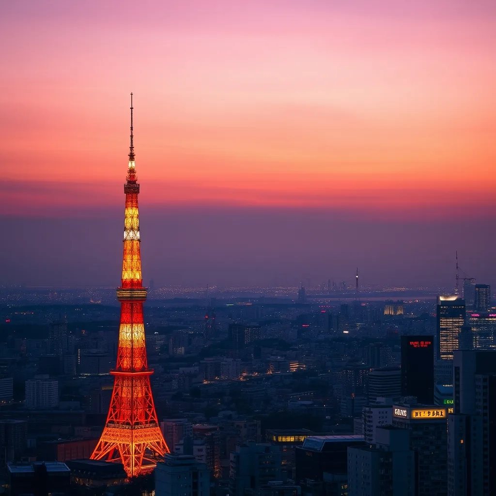 The illuminated red-and-white Tokyo Tower glowing over the sprawling Tokyo skyline at dusk under a pink and purple sky