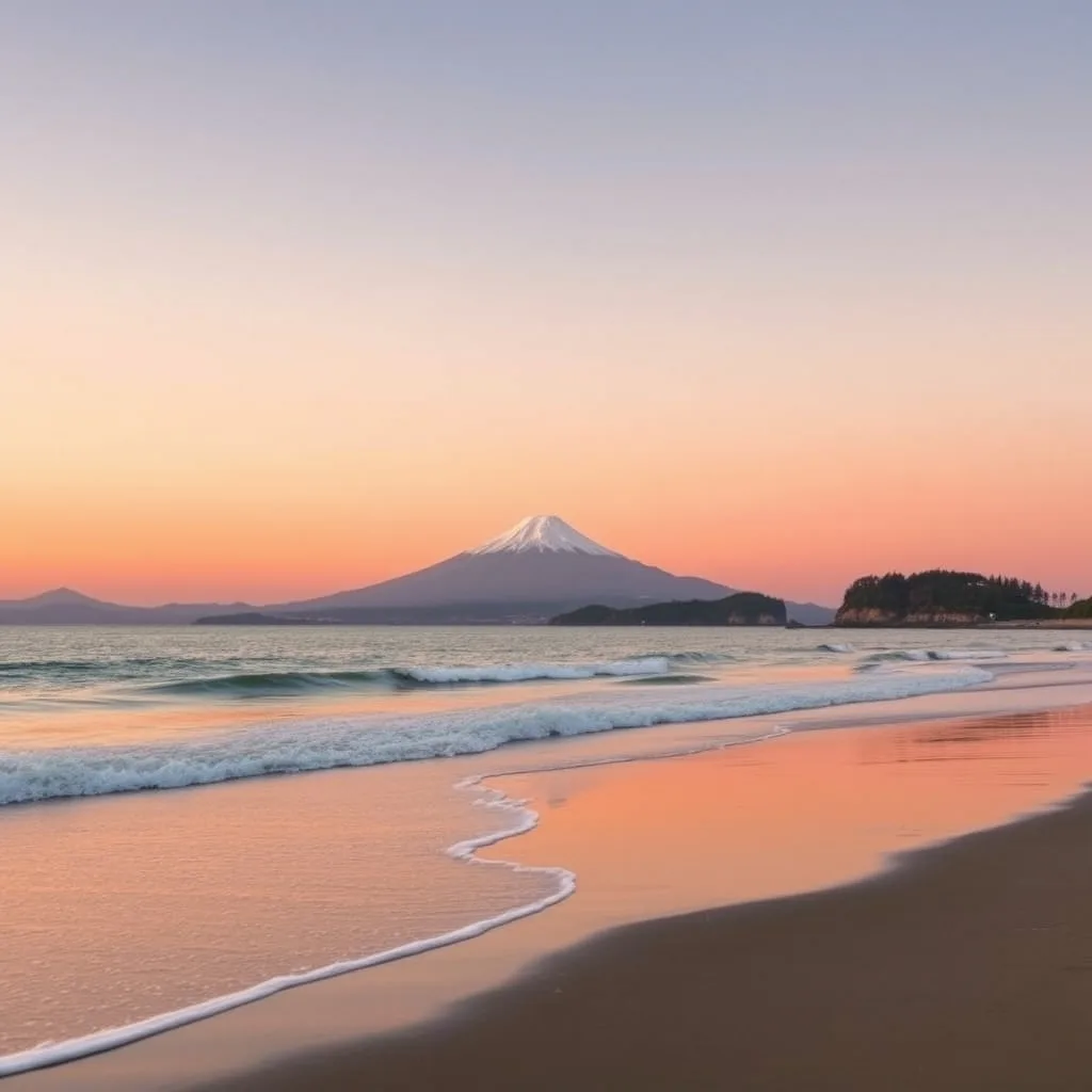 Snow-capped Mount Fuji across Sagami Bay at sunset, seen from an empty sandy beach near Kamakura with a forested headland on the right